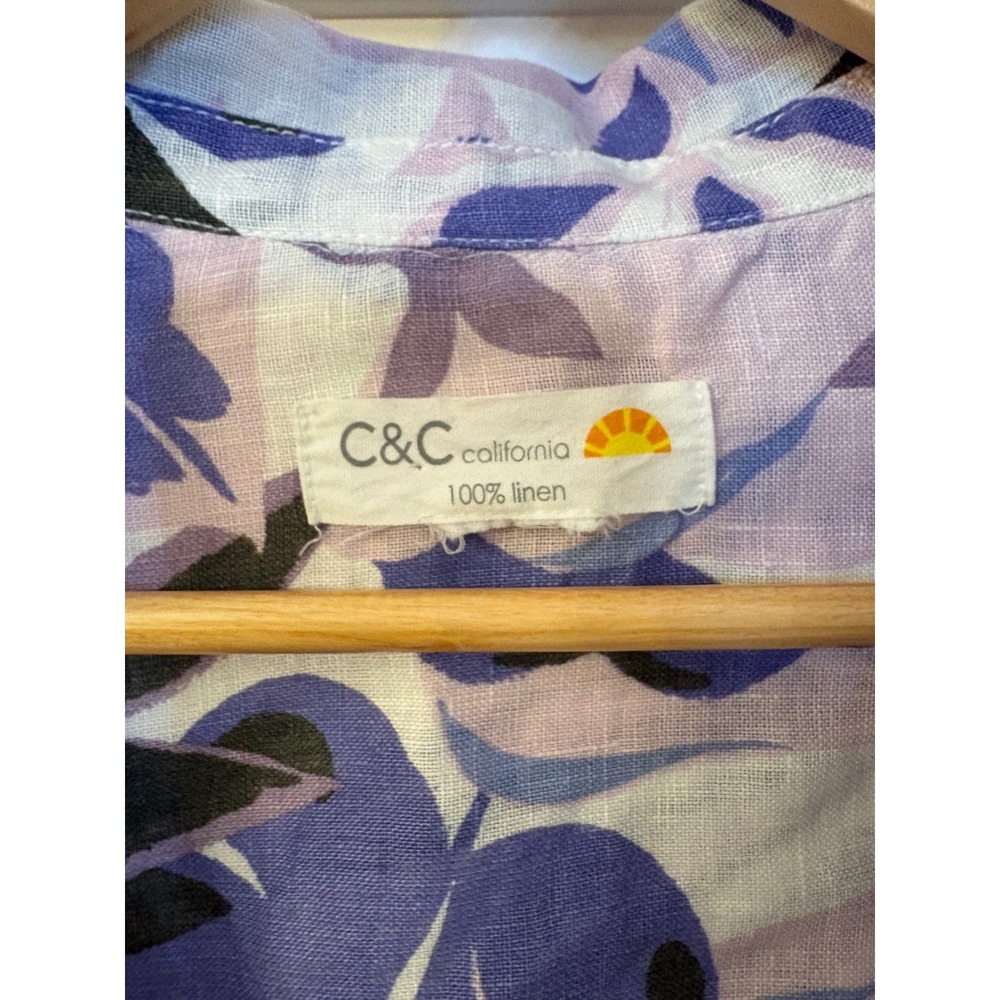 C&C California Women Purple Tropical Leaf Print 100% Linen Tunic Top 3/4 Sleeve - Picture 3 of 11
